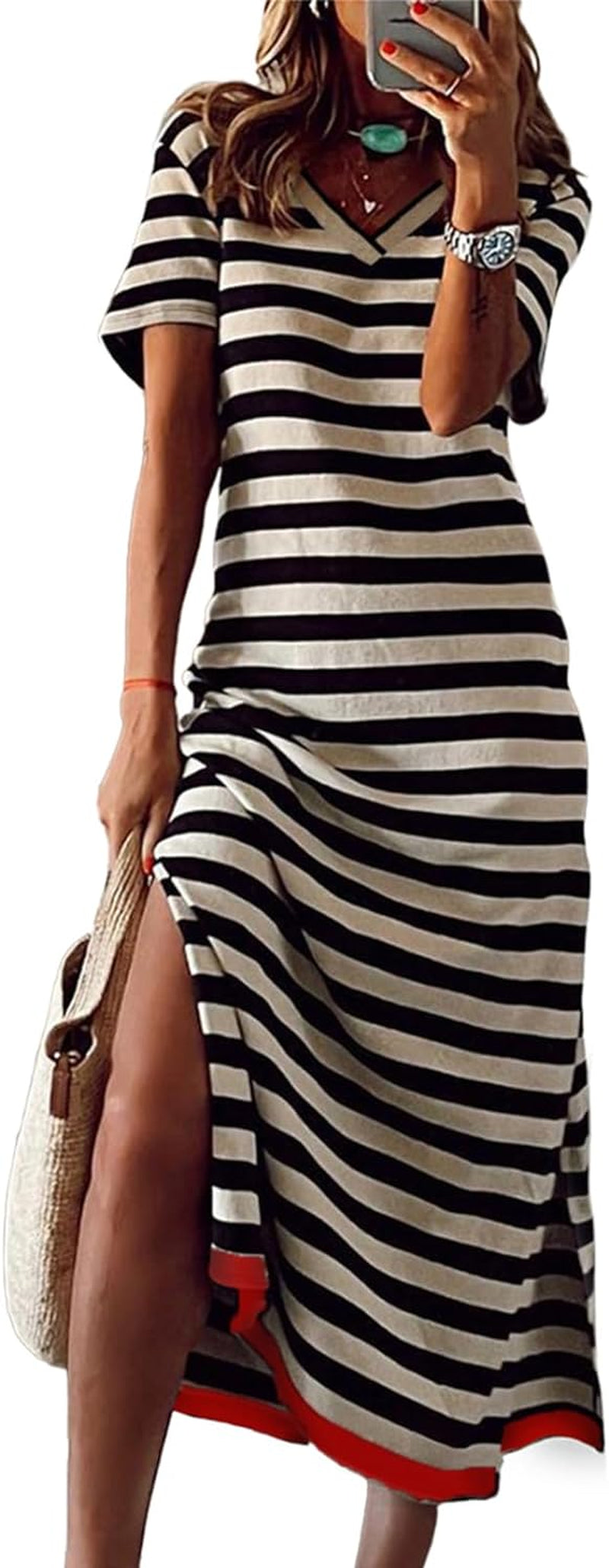 Black And White Short Sleeved Striped Long Dress