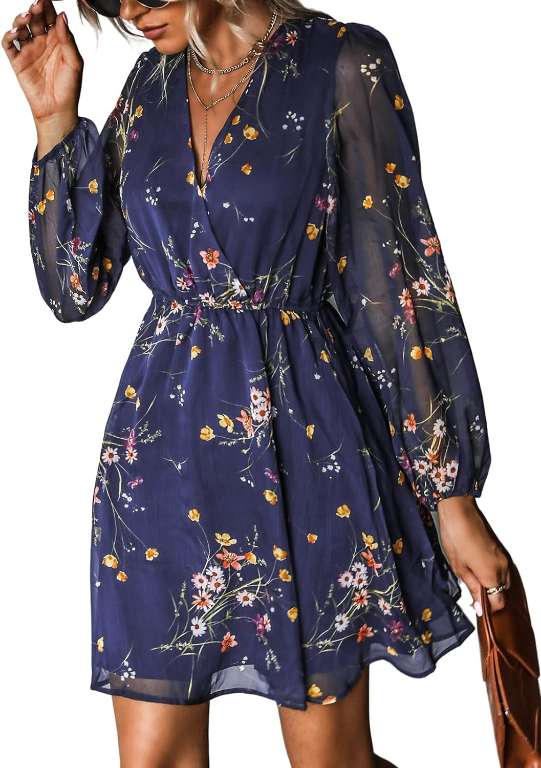  Breathable Long Sleeved Floral Print Mini Dress 