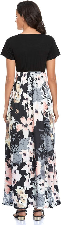 Floral Design Short Sleeve Long Dress