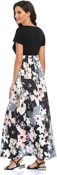 Floral Design Short Sleeve Long Dress