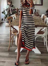 Black And White Short Sleeved Striped Long Dress