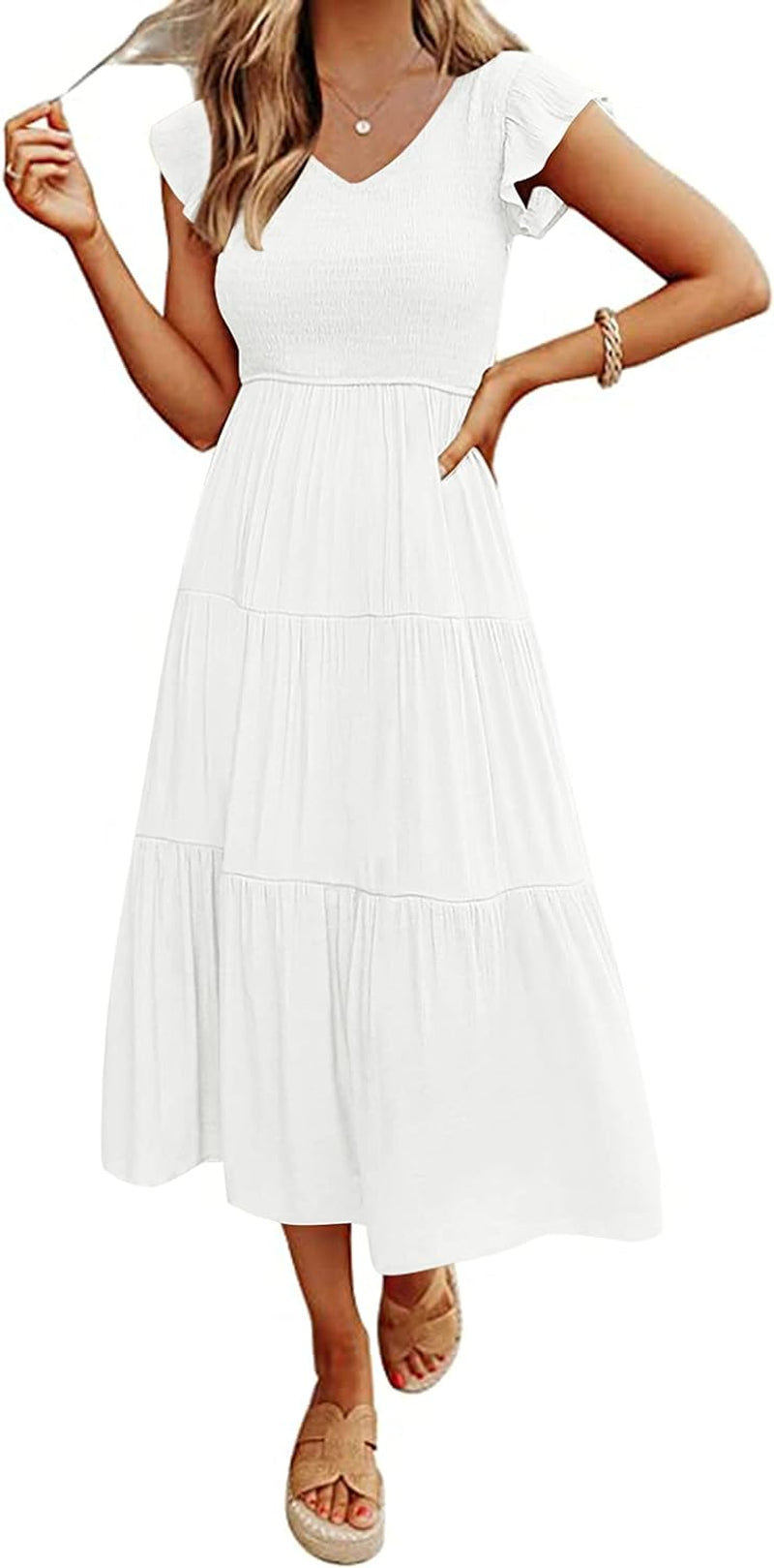 Flutter Sleeve V Neck Tiered Dresses with Pockets