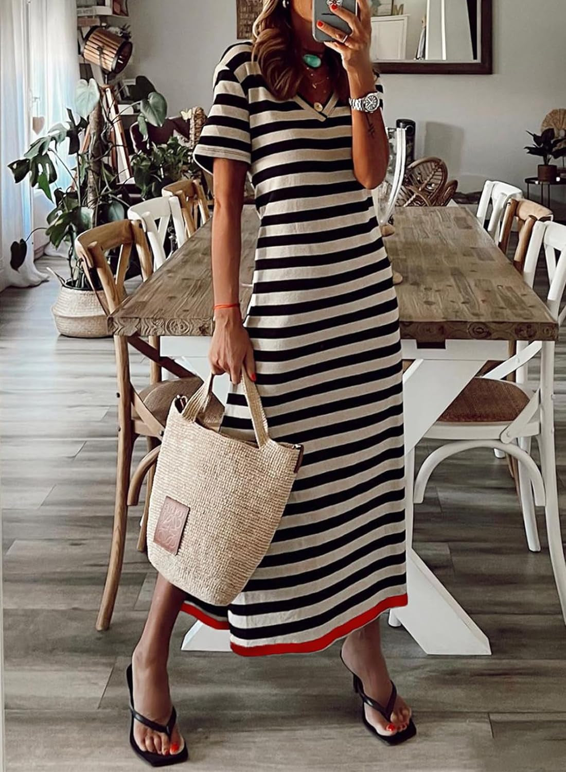 Black And White Short Sleeved Striped Long Dress