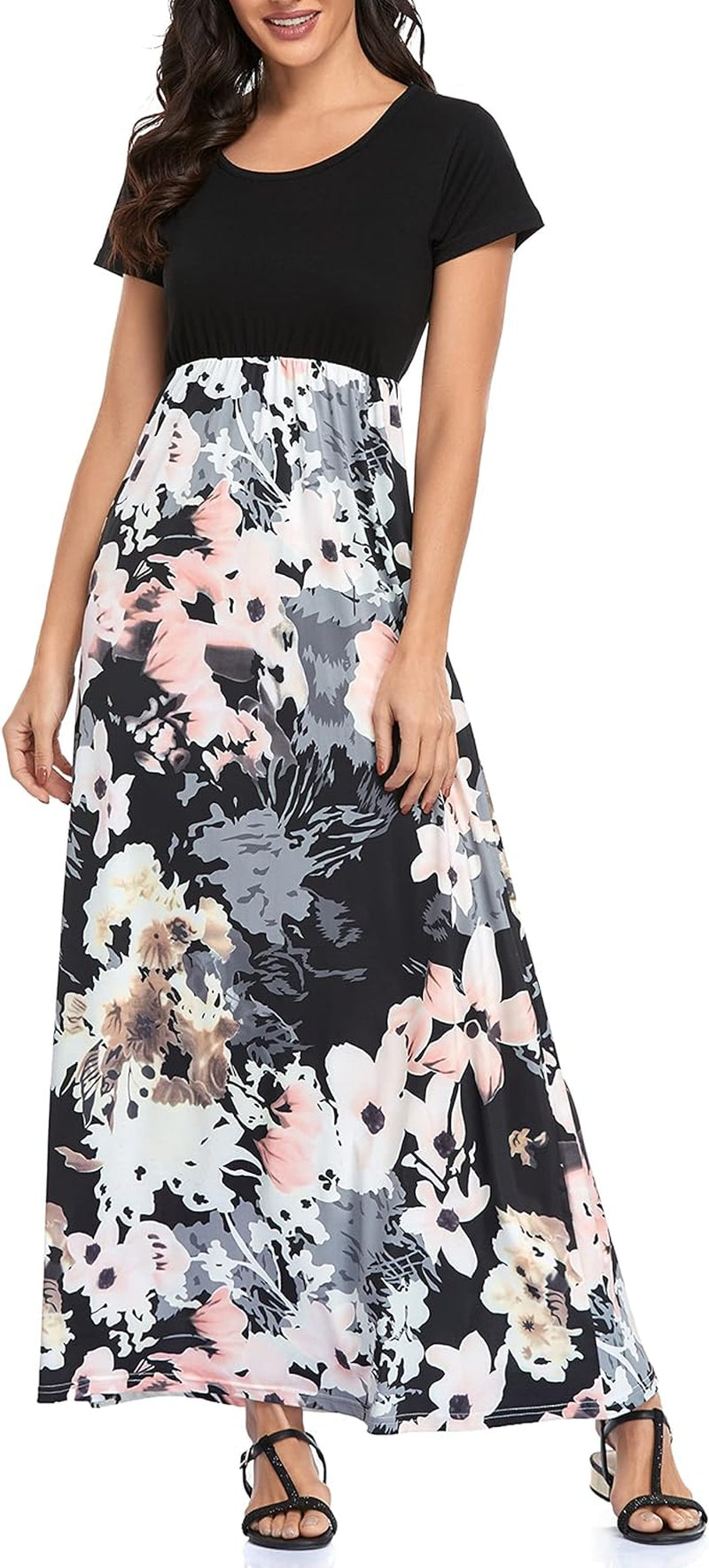 Floral Design Short Sleeve Long Dress